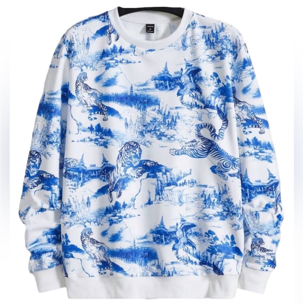 NWOT Men's Tiger & Mountain Print Blue Sweatshirt